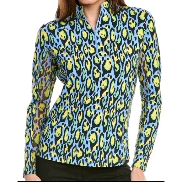 IBKUL Tops - IBKUL GEMMA S Periwinkle Multi Leopard 1/4 Zip Mock Golf Shirt UPF 50+ Quick Dry